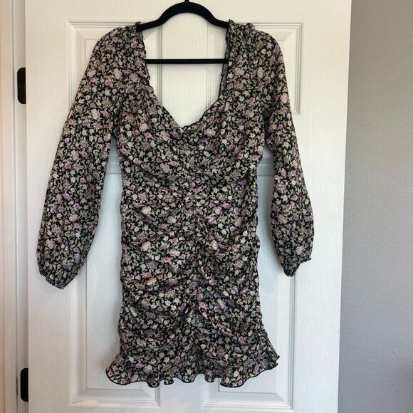 Floral Pattern Ruched Mini Ruffle Dress Size Medium - Picture 2 of 4
